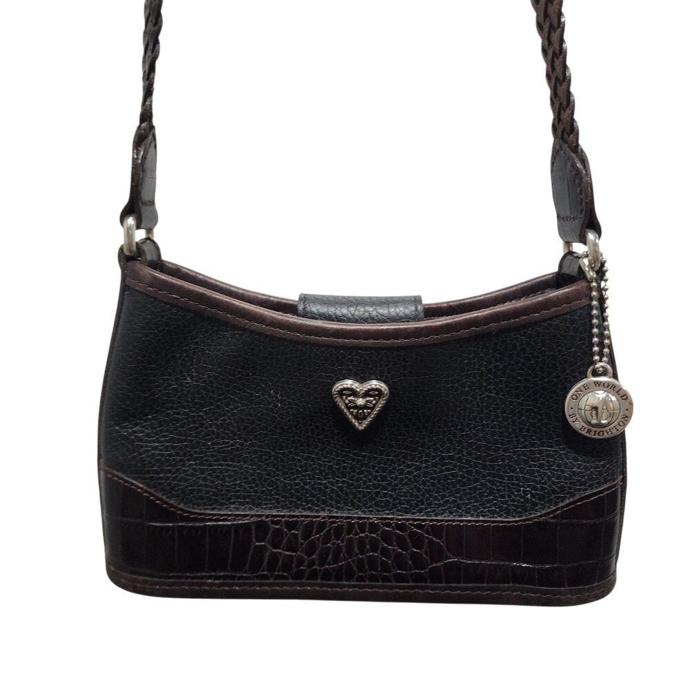 Brighton Black Leather Shoulder Bag‎ Braided Strap Croc Embossed Heart Charm